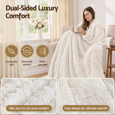 Giselle Faux Fur Weighted Blanket 2 Sided Long Pile Sherpa Reverse Cream 11KG 152 x 203cm
