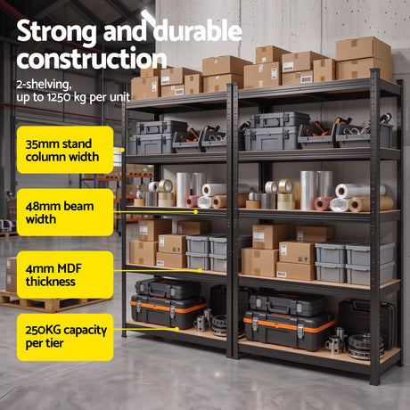 Giantz 2-Rack Garage Shelving 1.6X0.8m MDF Warehouse Shelves Storage Rack Black