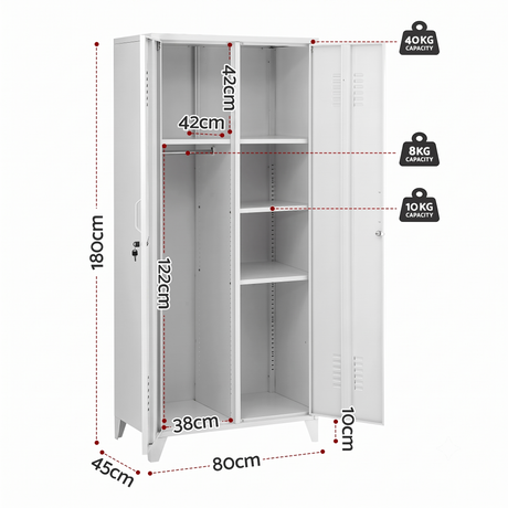 Artiss 2-Door Wardrobe Lockable Cabinet Storage Closet Hanging Rail Adjustable Shelves Cream White