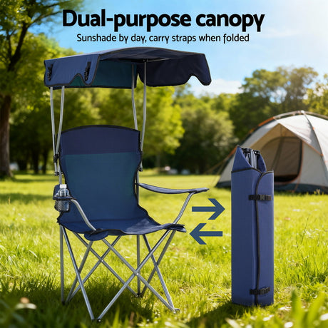 Weisshorn Camping Chair With Canopy Folding Outdoor Portable Seat Lightweight Beach Picnic Fishing Capacity 120KG Navy Blue