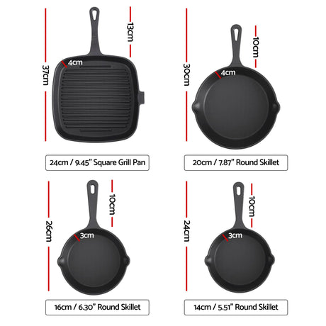 5-Star Chef Cast Iron Fry Pan Skillet Cookware Set Induction Black 14/16/20/24cm