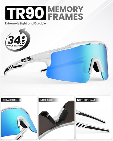 OutdoorMaster Hawk II Polarized Sports Sunglasses for Men Women, TAC 100% UV400 Protection TR90 Frame Cycling Sunglasses, Baseball Running Fishing Golf Glasses-White Frame+revo Blue Cat.3