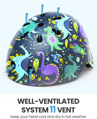 OutdoorMaster Youth & Kids Bike Helmet - Adjustable Multi-Sports Skateboard Helmet with Removable Liners for Balance Bike, Kids Scooter, One Wheel Hoverboard,Graffiti-style helmet-Dino Volcanoland-Large