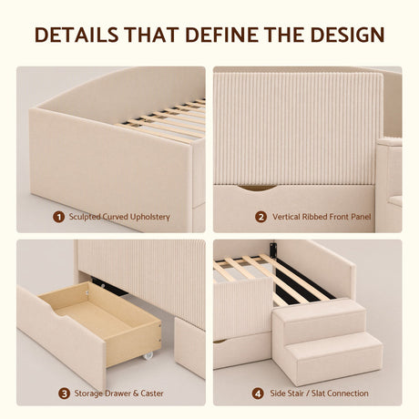 Artiss Single Upholstered Daybed with Side Stairs & Storage Drawers, Beige