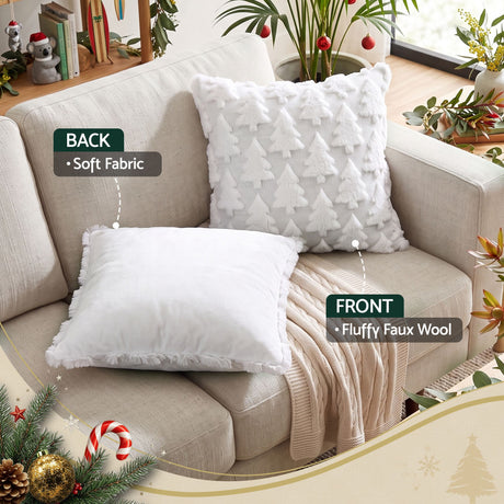 Jingle Jollys Christmas Tree Pillow Covers 2 Packs Cushion Covers Soft Faux Fur Jacquard Throw Pillow Covers 45 x 45cm White