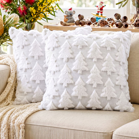 Jingle Jollys Christmas Tree Pillow Covers 2 Packs Cushion Covers Soft Faux Fur Jacquard Throw Pillow Covers 45 x 45cm White
