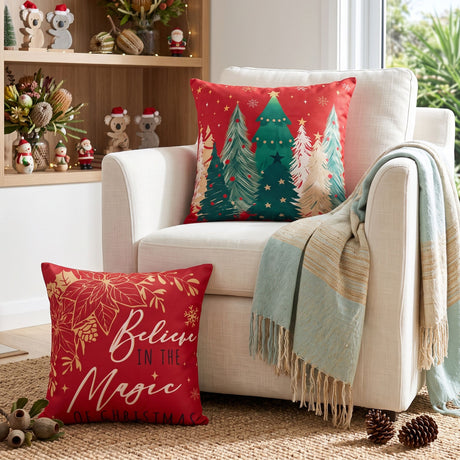 Jingle Jollys Christmas Cushion Covers Set of 4 Pillow Covers 45x45cm with 4 Cute Patterns Red