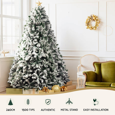 Jingle Jollys Christmas Tree 2.4M Xmas Tree Decorations Snow Flocked 1500 Tips