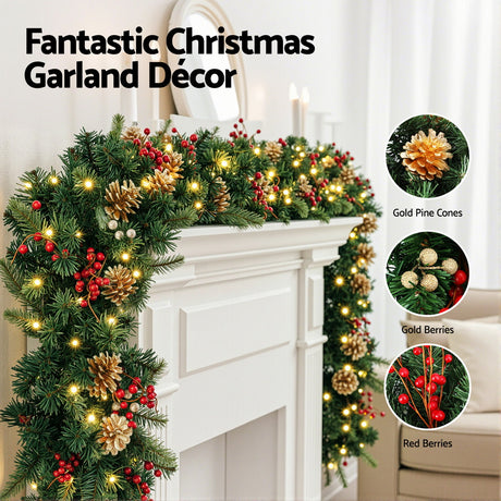 Jingle Jollys 1.8M Christmas Garland Pre-lit LED Pine Cones Berries Xmas Decor
