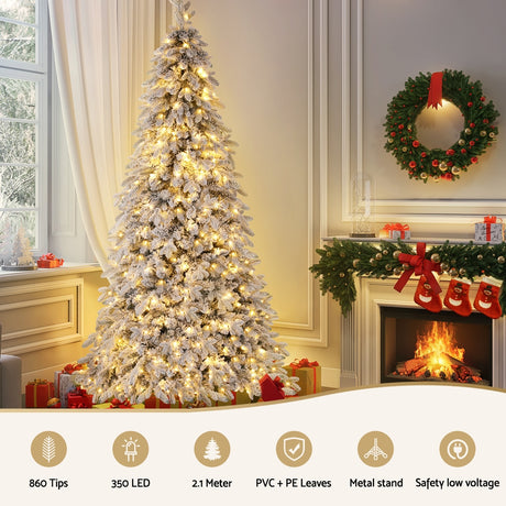 Jingle Jollys Christmas Tree 2.1m Flocking Pencil Tree LED Xmas 860 Tips White
