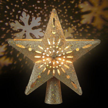 Jingle Jollys Christmas Tree Topper Star Snowflake Projector Party Glitter Gold