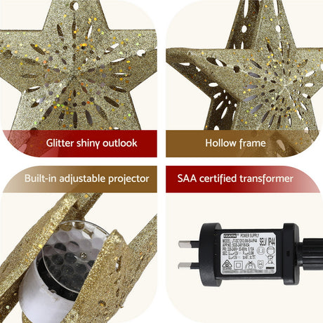 Jingle Jollys Christmas Tree Topper Star Snowflake Projector Party Glitter Gold