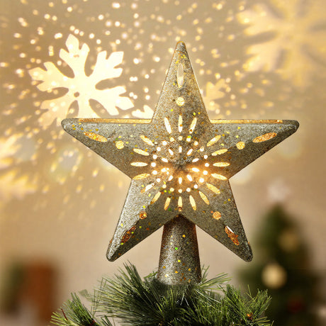 Jingle Jollys Christmas Tree Topper Star Snowflake Projector Party Glitter Gold