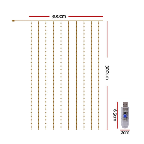 Jingle Jollys 3X3M Christmas Lights Curtain String Light 300 LED Cool White