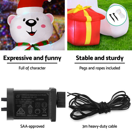 Jingle Jollys Christmas Inflatable Bear 1.8M Height LED Outdoor Decorations Illuminated