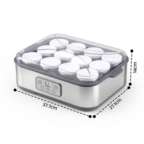 Devanti Yoghurt Maker Machine with 12x180ml Glass Cups Temp Control Grey