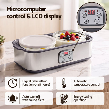 Devanti Greek Yoghurt Maker Machine 2x960ml Large Tubs Temp Control Grey