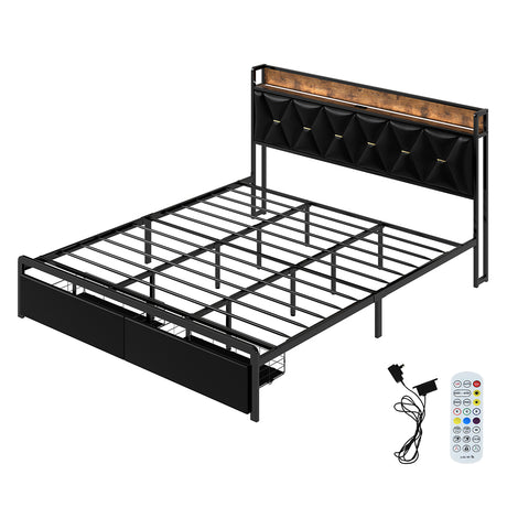 Levede King Bed Frame Leather Headboard RGB 2 Drawers-2050056739612659712