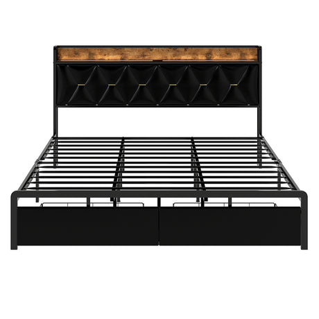 Levede King Bed Frame Leather Headboard RGB 2 Drawers-2050056739612659713