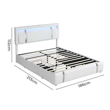 Levede King Bed Frame Leather Headboard RGB 2 Drawers-2050056740011118594