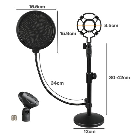 Levede Desktop Microphone Stand Adjustable Pop Filter Shock Mount Base Kit Black-2050056791613640706
