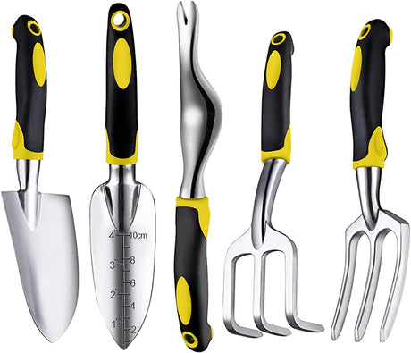 Garden Tools Set, 5 Piece Heavy Duty Aluminum Gardening Tools kit，Non-Slip Rubber Grip Gardening Tools for Man, Women (Yellow)