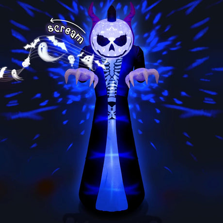 3M Outdoor Halloween Inflatables Ghost with Sensor Will Scream, Grim Reaper Blow Up Yard Decorations Pumpkin Head Build-in Blue Rotating LED Lights, Halloween Decor for Holiday/Garden/Lawn