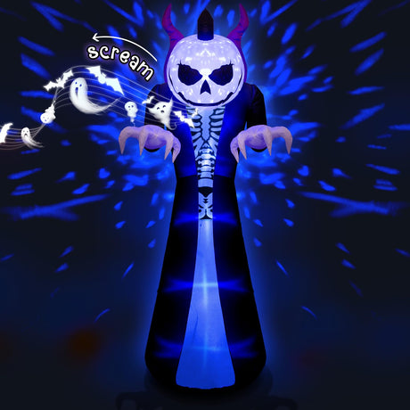 3M Outdoor Halloween Inflatables Ghost with Sensor Will Scream, Grim Reaper Blow Up Yard Decorations Pumpkin Head Build-in Blue Rotating LED Lights, Halloween Decor for Holiday/Garden/Lawn