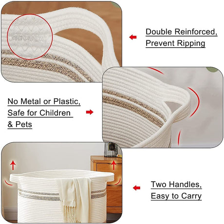 Laundry Basket, Laundry Hamper, Tall Decorative Woven Cotton Rope Basket, Blanket Basket for Living Room, Round Storage Baskets for Pillows, Towels Large (40*40*50cm, White & Brown)