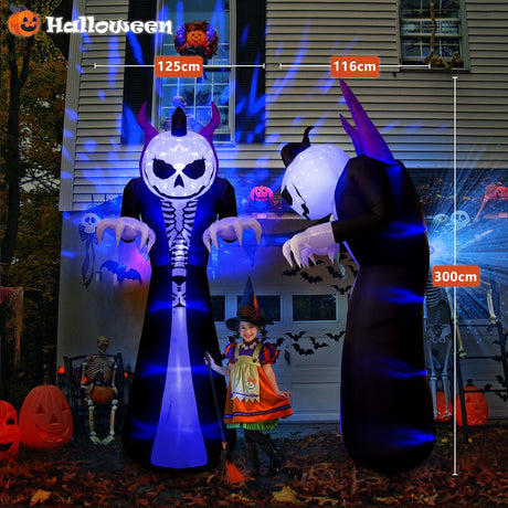 3M Outdoor Halloween Inflatables Ghost with Sensor Will Scream, Grim Reaper Blow Up Yard Decorations Pumpkin Head Build-in Blue Rotating LED Lights, Halloween Decor for Holiday/Garden/Lawn