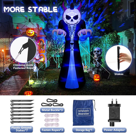 3M Outdoor Halloween Inflatables Ghost with Sensor Will Scream, Grim Reaper Blow Up Yard Decorations Pumpkin Head Build-in Blue Rotating LED Lights, Halloween Decor for Holiday/Garden/Lawn