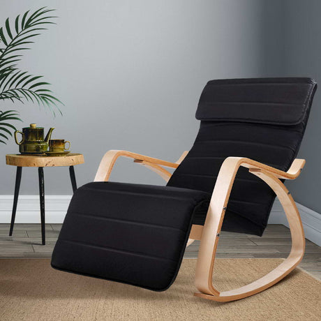 Artiss Fabric Rocking Armchair with Adjustable Footrest - Black