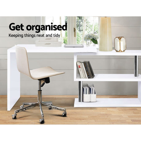 Artiss Rotary Corner Desk with Bookshelf -white