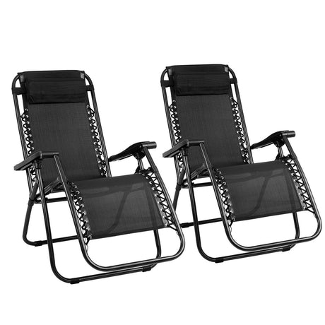Zero Gravity Chairs 2PC Reclining Outdoor Furniture Sun Lounge Folding Camping Lounger Black