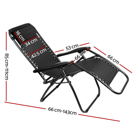 Zero Gravity Chairs 2PC Reclining Outdoor Furniture Sun Lounge Folding Camping Lounger Black