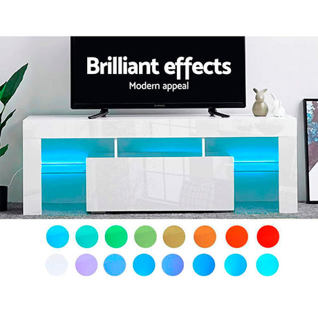 Artiss 130cm RGB LED TV Stand Cabinet Entertainment Unit Gloss Furniture Drawer Tempered Glass Shelf White
