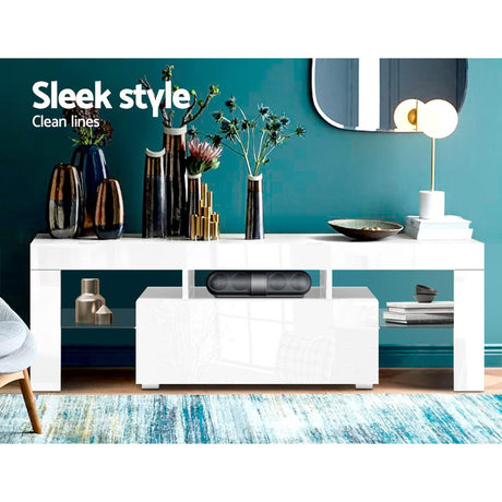 Artiss 130cm RGB LED TV Stand Cabinet Entertainment Unit Gloss Furniture Drawer Tempered Glass Shelf White