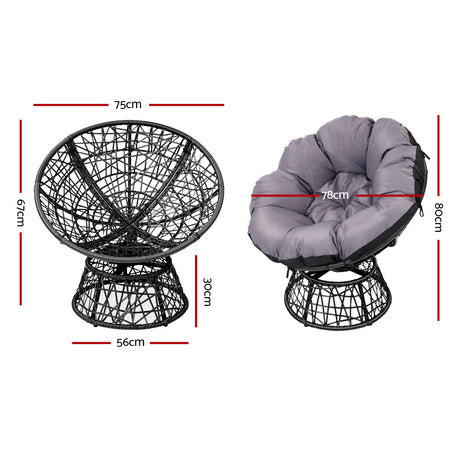 Gardeon Outdoor Lounge Setting Papasan Chairs Table Patio Furniture Wicker Black