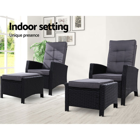2PC Sun lounge Recliner Chair Wicker Lounger Sofa Day Bed Outdoor Chairs Patio Furniture Garden Cushion Ottoman Gardeon