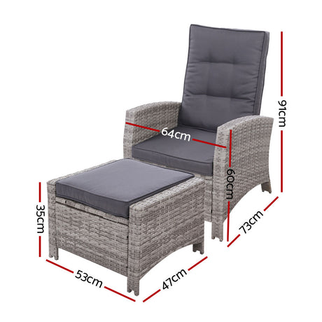 Sun lounge Recliner Chair Wicker Lounger Sofa Day Bed Outdoor Furniture Patio Garden Cushion Ottoman Grey Gardeon