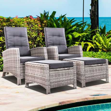 2PC Sun lounge Recliner Chair Wicker Lounger Sofa Day Bed Outdoor Chairs Patio Furniture Garden Cushion Ottoman Gardeon