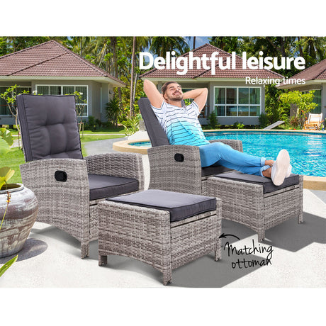 2PC Sun lounge Recliner Chair Wicker Lounger Sofa Day Bed Outdoor Chairs Patio Furniture Garden Cushion Ottoman Gardeon