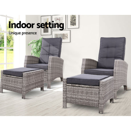 2PC Sun lounge Recliner Chair Wicker Lounger Sofa Day Bed Outdoor Chairs Patio Furniture Garden Cushion Ottoman Gardeon