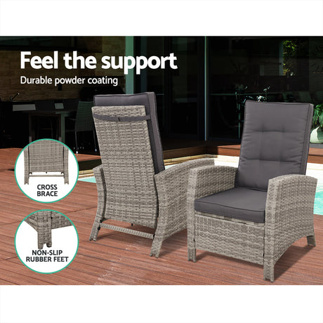 Gardeon Outdoor Setting Recliner Chair Table Set Wicker lounge Patio Furniture Grey