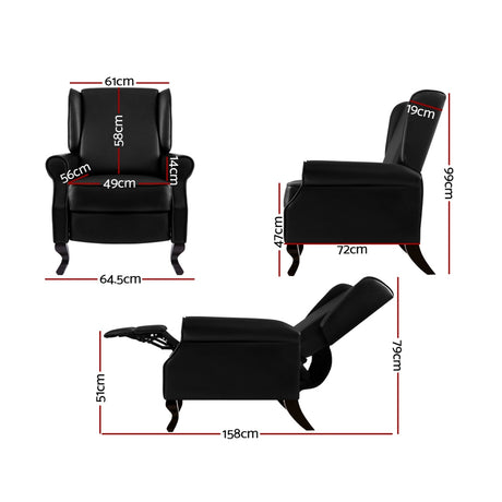 Recliner Chair Luxury Lounge Armchair Single Sofa Couch Leather Black