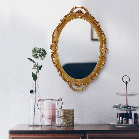CARLA HOME Oval Antique Gold 25 x 38 cm Vintage Carved Hanging Wall Mirror for Bedroom and Living-Room