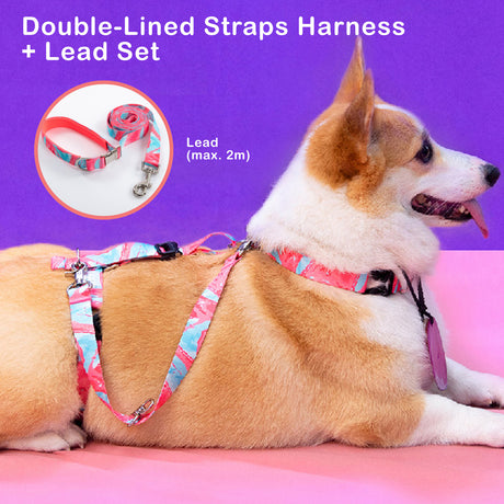 Banhamsisun L Dog Double-Lined Straps Harness and Lead Set Leash Adjustable No Pull