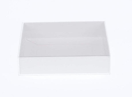 100 Pack of White Card Square Box - Clear Slide On Lid - 20 x 20 x 8cm -  Large Beauty Product Gift Giving Hamper Tray Merch Fashion Cake Sweets Xmas
