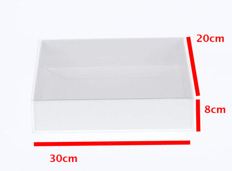 50 Pack of White Card Box - Clear Slide On Lid - 30 x 20 x 8cm -  Large Beauty Product Gift Giving Hamper Tray Merch Fashion Cake Sweets Xmas