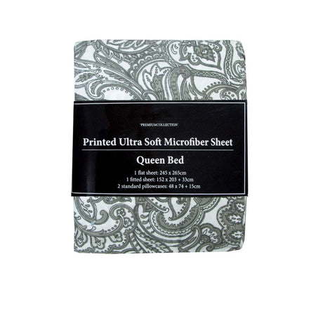Printed Microfiber Sheet Set Single Grey Paisley